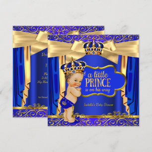 Invitation Bébé Prince Fête Prénatale Rideaux Bleu Royal Or B
