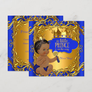 Invitation Bébé Prince Royal Fête de Naissance Bleu Or Hochet