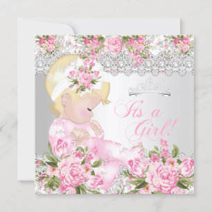 Invitation Bébé Princesse Baby Shower Fille Rose Vintage Perl