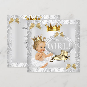 Invitation Bébé Princesse Baby Shower Or Argent Damassé Blond