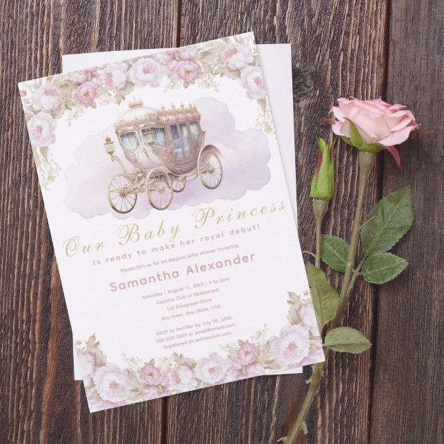 Invitation Bébé Princesse Baby shower rose (Baby princess pink floral and princess carriage baby shower invitation.  Baby girl. Royal debut.)