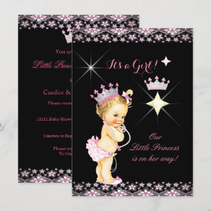 Invitation Bébé Princesse Baby Shower Rose Noir Tiare Blonde 