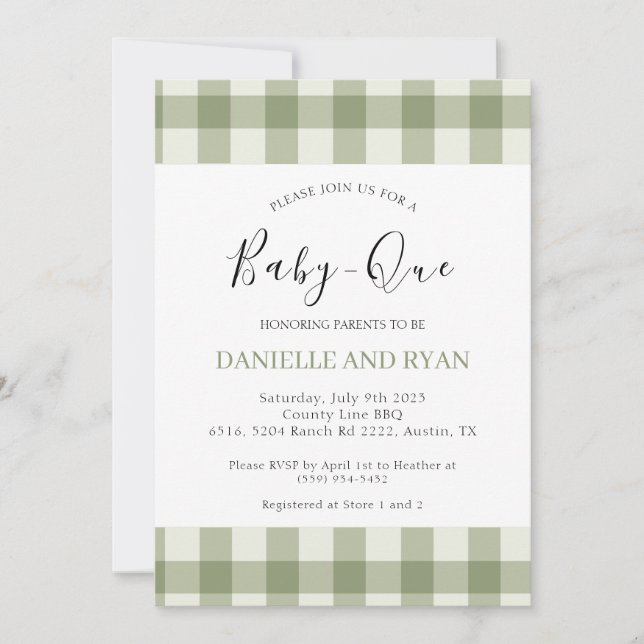 Invitation Bébé Q Baby shower Barbecue À damiers Sage Green (Devant)
