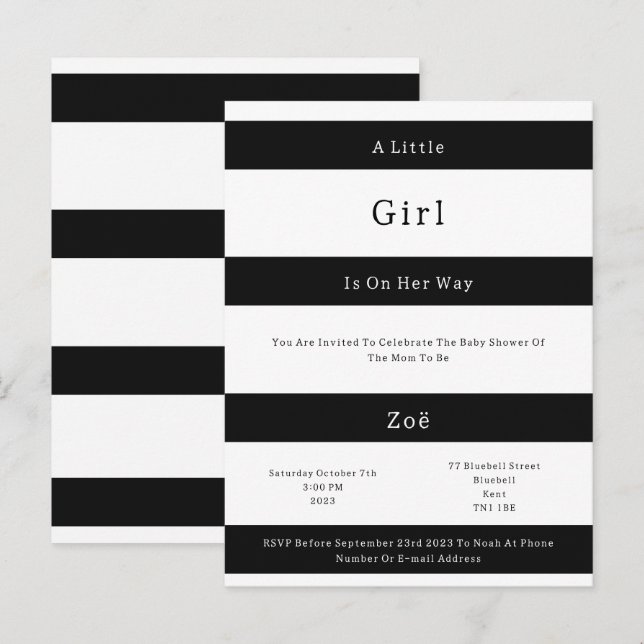 Invitation bébé rayures noir et blanc Linear Chic (Devant / Derrière)