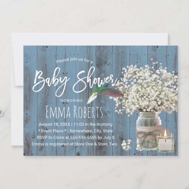 Invitation Bébé Respiration & Colibri Dusty Baby shower bleu (Devant)