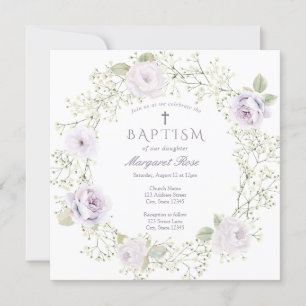 Invitation Bébé Respiration et violet Roses Fille Baptême