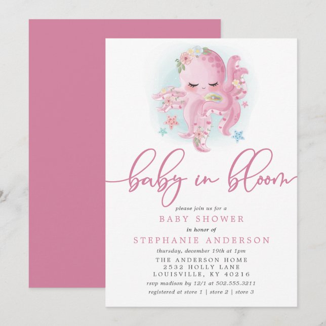 Invitation Bébé rose Cute Octopus Dans Le Baby shower En Fleu (Devant / Derrière)