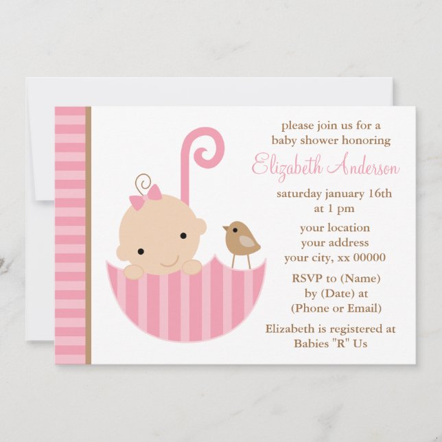 Invitation Bébé rose dans un Baby shower parapluie (Devant)