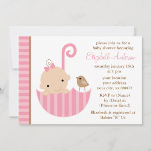 Invitation Bébé rose dans un Baby shower parapluie