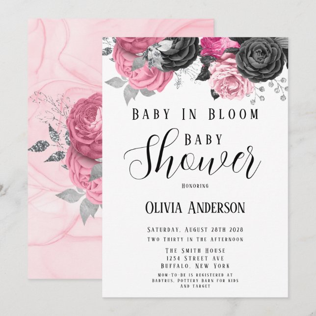 Invitation Bébé Rose De Luxe En Fleur Baby shower Invita (Devant / Derrière)