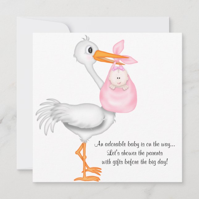 Invitation Bébé rose d'invitation de baby shower de cigogne (Devant)