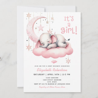 Invitation Bébé rose Eléphant Lune Étoiles Fille Baby shower