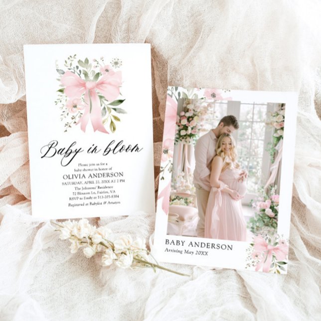 Invitation Bébé rose en fleur Baby shower floral fille (Blush Pink Bow Floral Baby in Bloom Girl Baby Shower Invitation)