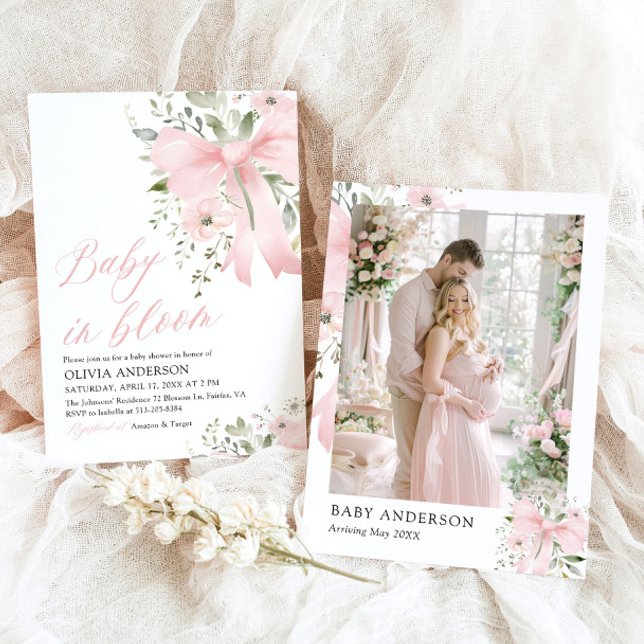 Invitation Bébé rose en fleur Baby shower floral fille (Watercolor Pink Bow Baby in Bloom Floral Girl Baby Shower Invitation)