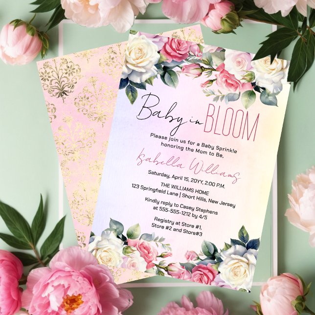Invitation Bébé rose en fleur Floral Baby Sprinkle (Pink Roses Baby in Bloom Girl Baby Sprinkle Invitation)
