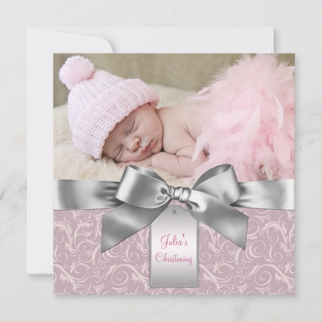 Invitation Bébé rose et gris fille Christening photo (Devant)