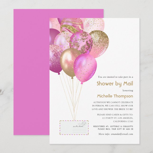 Invitation Bébé rose et or ou Fête des mariées par courrier (Devant / Derrière)