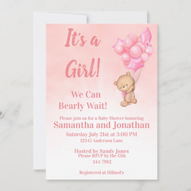 Invitation Bébé rose Fille Bébé Attendre Teddy Bear Baby show (Devant)