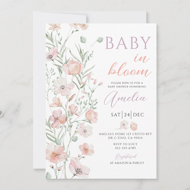 Invitation Bébé rose fleur sauvage dans le Baby shower en fle (Devant)