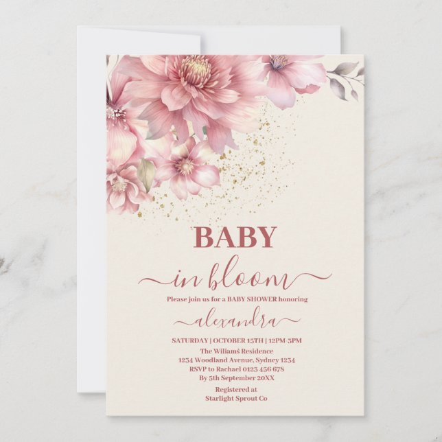 Invitation Bébé rose floral en fleur Douche fille (Devant)