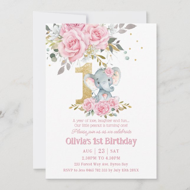 Invitation Bébé rose floral mignon Eléphant Un 1er anniversai (Devant)