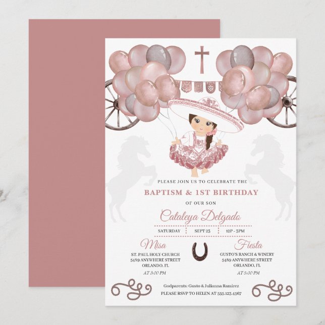 Invitation Bébé rose Gold Mexicain Charra Baptême Baptême (Devant / Derrière)