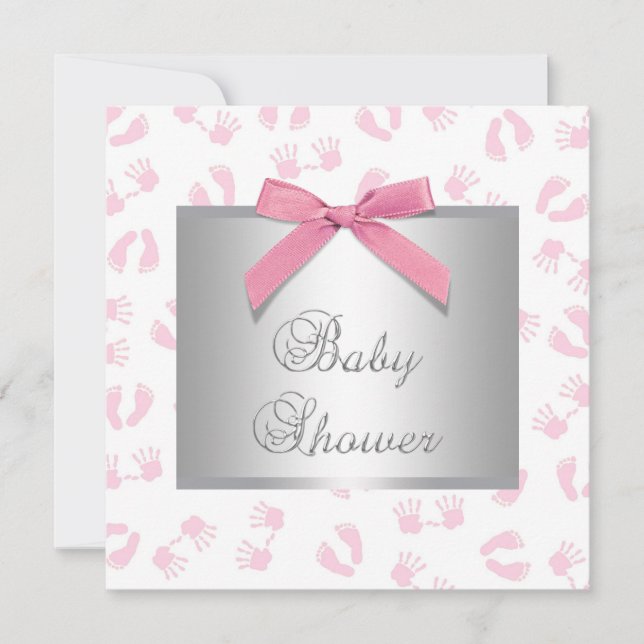 Invitation Bébé rose mains pieds bébé fille douche (Devant)