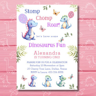 Invitation Bébé rose mignonne fille Dinosaur 1er anniversaire
