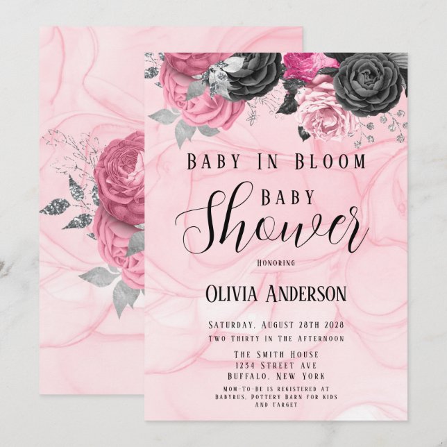 Invitation Bébé Rose Noir Luxe En Baby shower Fleur (Devant / Derrière)