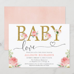Invitation Bébé rose or parties scintillant Bébé Amour fille