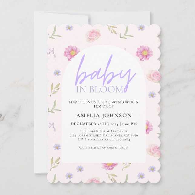 Invitation Bébé rose pâle dans baby shower fleuri (Devant)