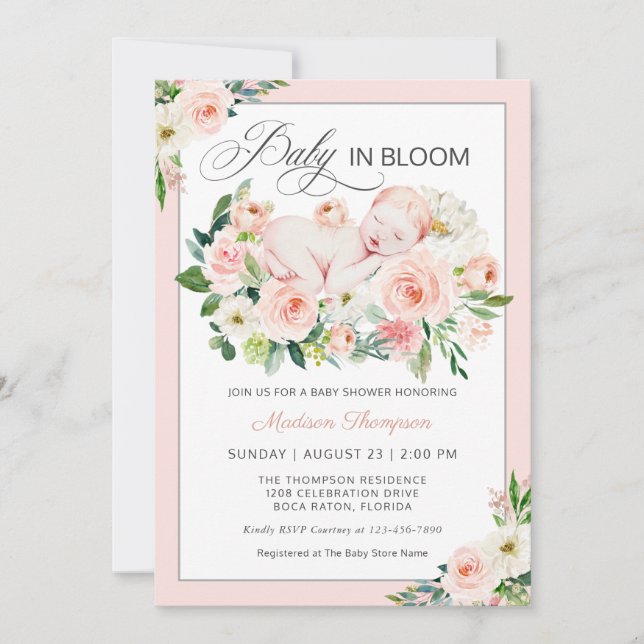 Invitation Bébé rose pâle dans le Baby shower floral fleuri (Devant)