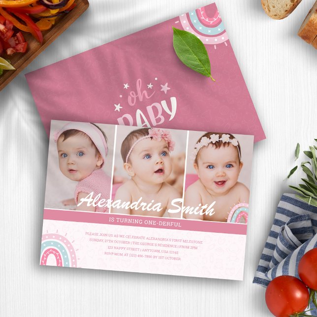 Invitation Bébé rose pâle fille Onederful 1st Birthday Photo (Cute Baby Girl Pink Boho Onederful 1st Birthday Invitation
)