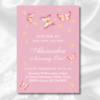 Invitation Bébé rose papillon fille 1er anniversaire fête