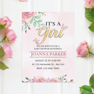 Invitation Bébé rose vif C'est une fille Douche aquarelle