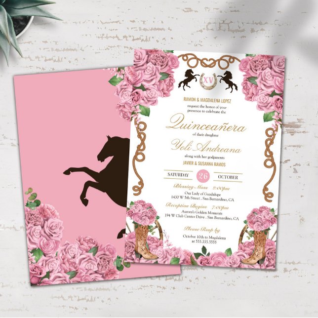 Invitation Bébé Roses roses Florales Western Charra Quinceane (Créateur téléchargé)