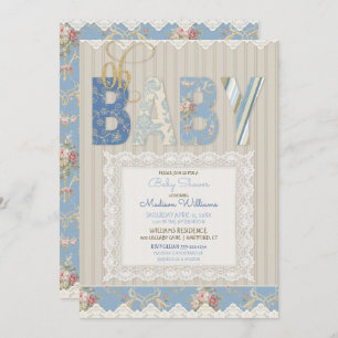 Invitation Bébé Rustic Bois Dentelle Bleue ivoire