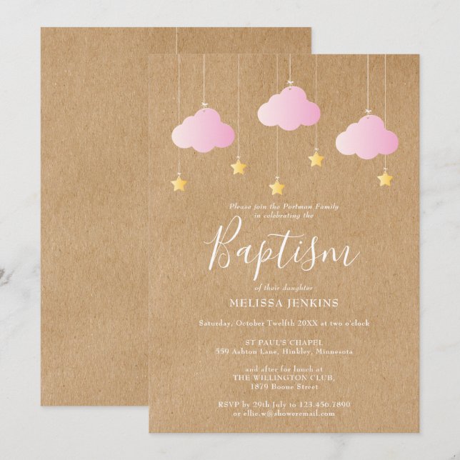 Invitation Bébé rustique Baptême Christening Twinkle Stars (Devant / Derrière)