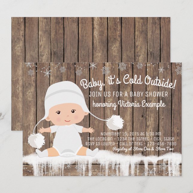 Invitation Bébé rustique de flocon de neige, son Baby shower  (Devant / Derrière)