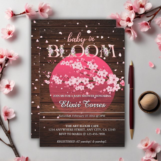 Invitation Bébé rustique en fleur Sakura cerise en fleurs (Créateur téléchargé)