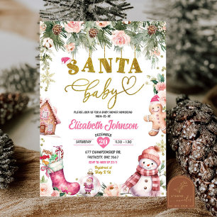 Invitation Bébé Santa Rose Fleurs Baby Shower de Noël