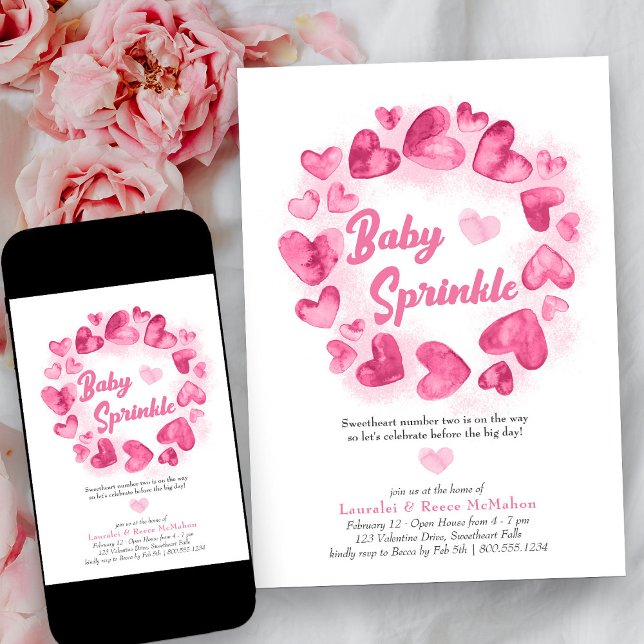 Invitation Bébé Saupoudrer de Valentines roses Petit amour (Baby Sprinkle Pink Love Heart Baby Shower Invitation)