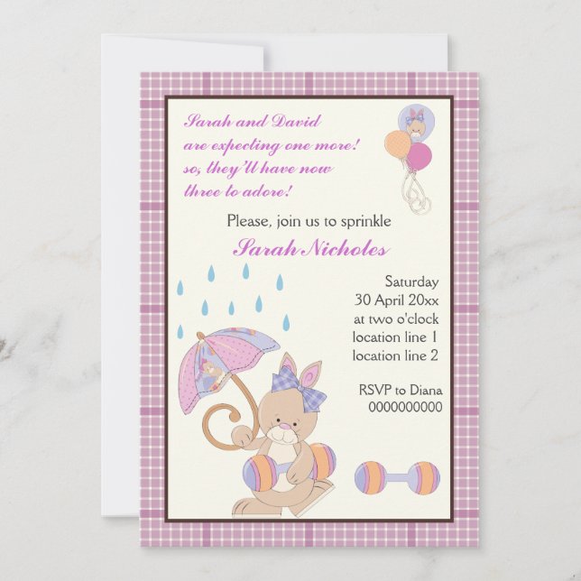 Invitation Bébé saupoudrer la bordure pourpre plaid (Devant)