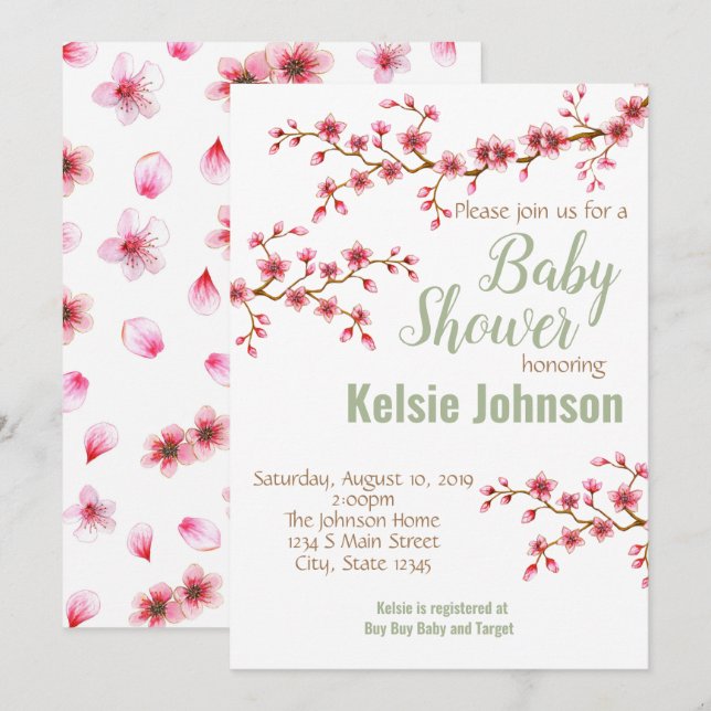 Invitation Bébé Shower Fleur de Cerisier (Devant / Derrière)