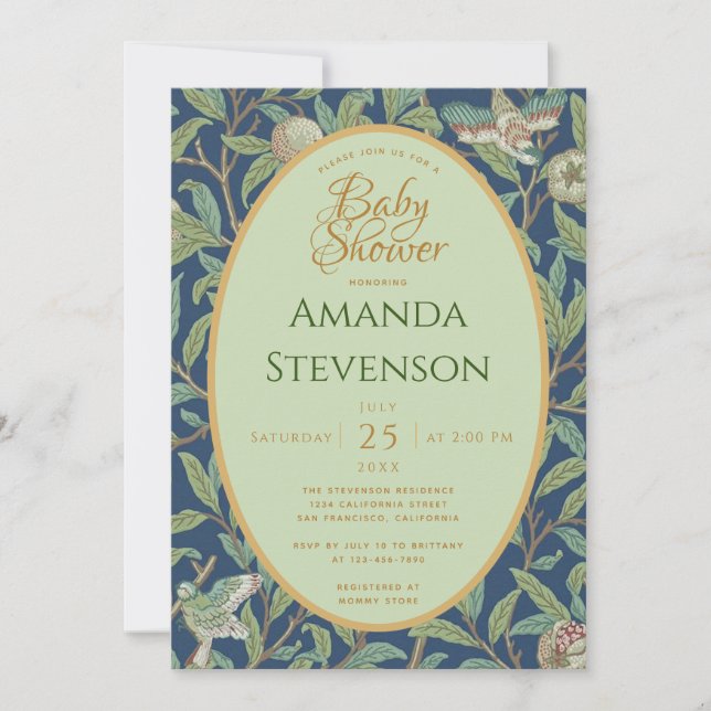 Invitation Bébé Shower Oiseaux Grenade Feuilles Vertes Morris (Devant)