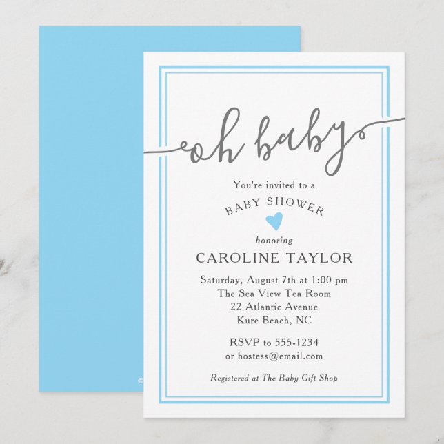 Invitation Bébé Simple Bleu Coeur Baby shower garçon (Devant / Derrière)
