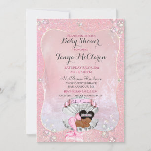 Invitation Bébé sirène afro-américaine coquillage rose perles