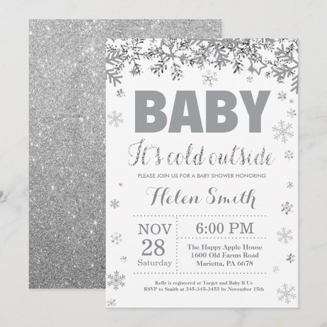 Invitation Bébé son argent extérieur froid et baby shower (Devant / Derrière)