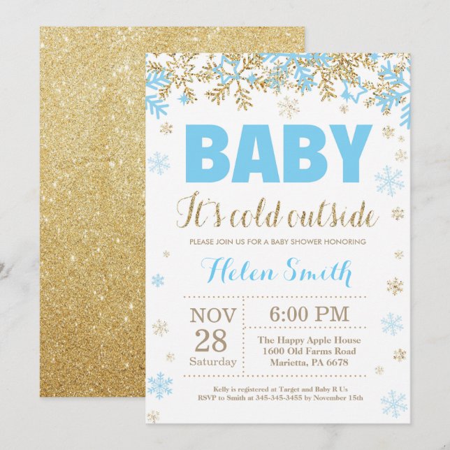 Invitation Bébé son Baby shower Cold Outside Blue Gold Boy (Devant / Derrière)