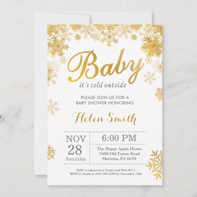 Invitation Bébé son Baby shower d'or froid à l'extérieur de l (Devant)